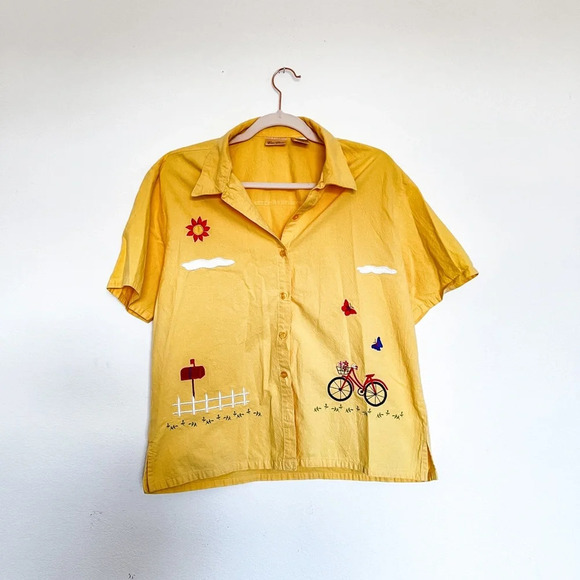 Vintage Bobbie Brooks Yellow‎ 100% Cotton Shirt with Embroidery Large - Picture 1 of 6